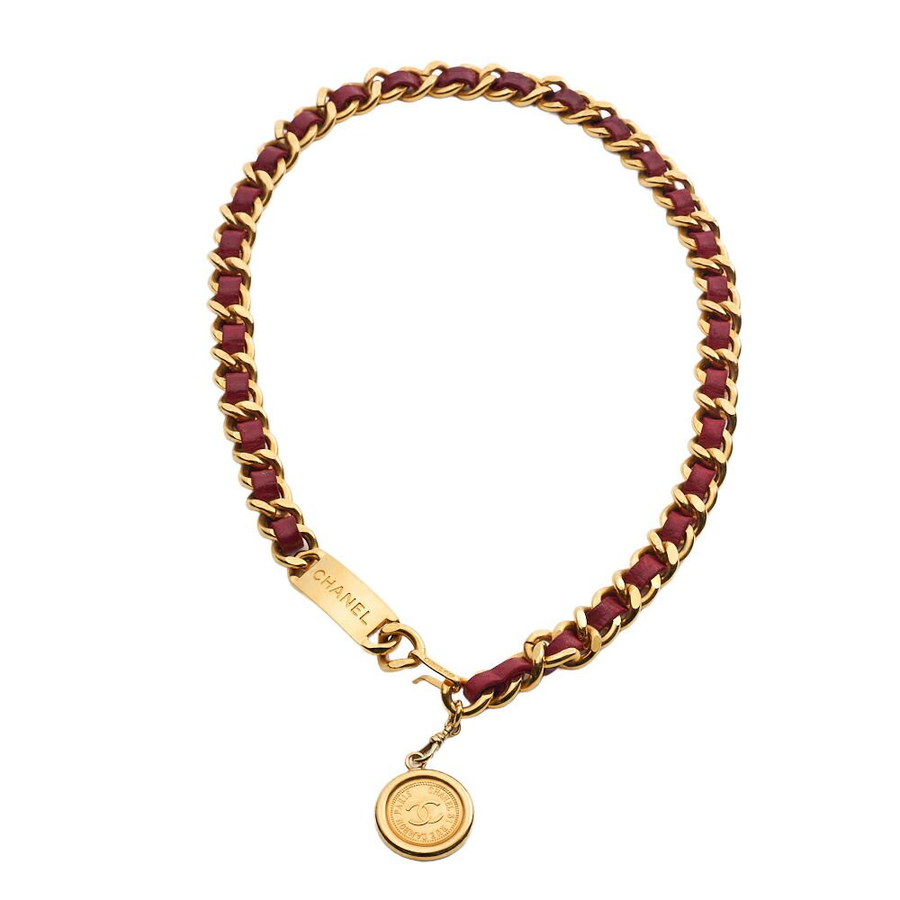 CHANEL シャネル ココマーク チェーンベルト GP×革 赤×ゴールド 