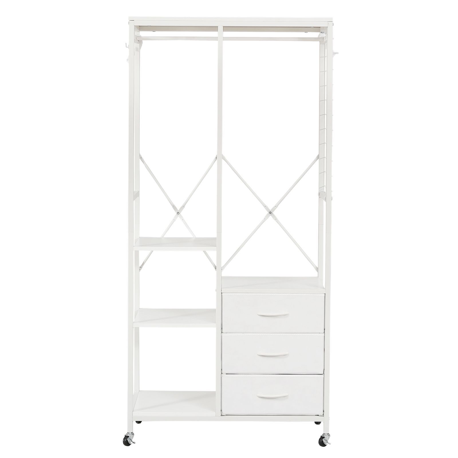 ハンガーラック 引き出し付きスリム 幅80x奥行35cm タンス付き WHITE