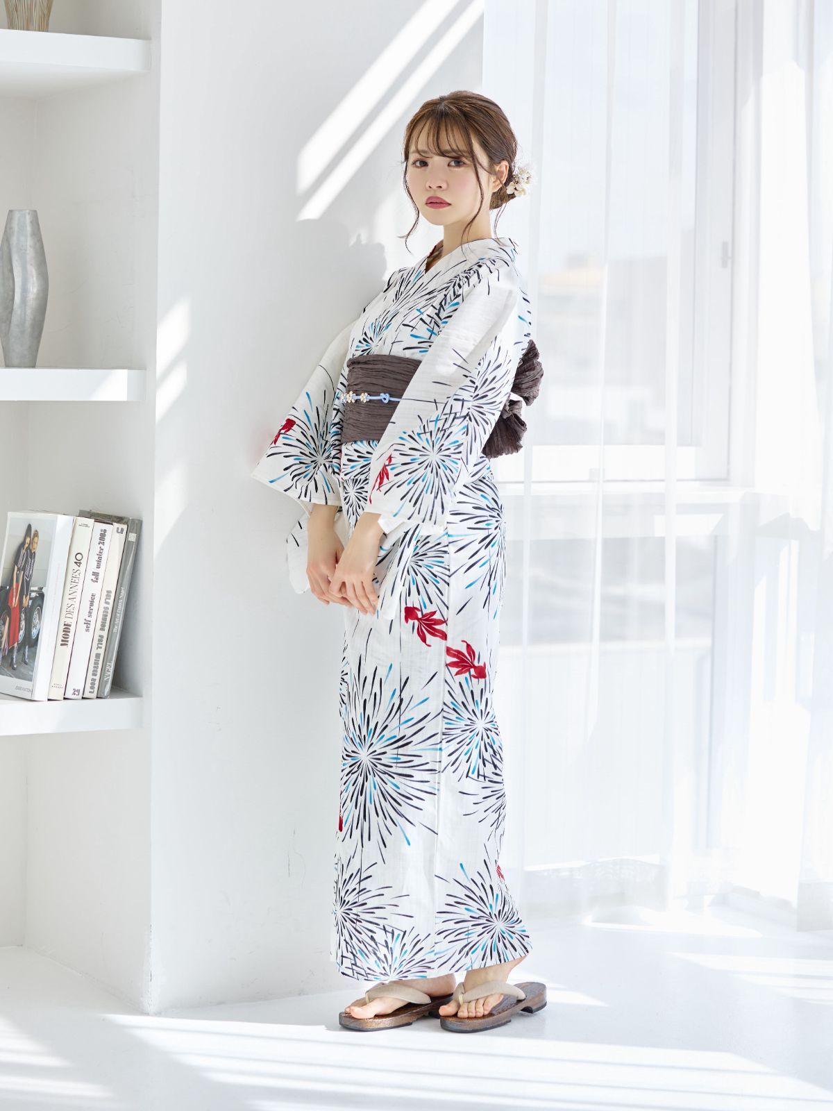 新品 高級浴衣 浴衣セット 花火柄【白地/紺地（花火）2柄展開】赤金魚