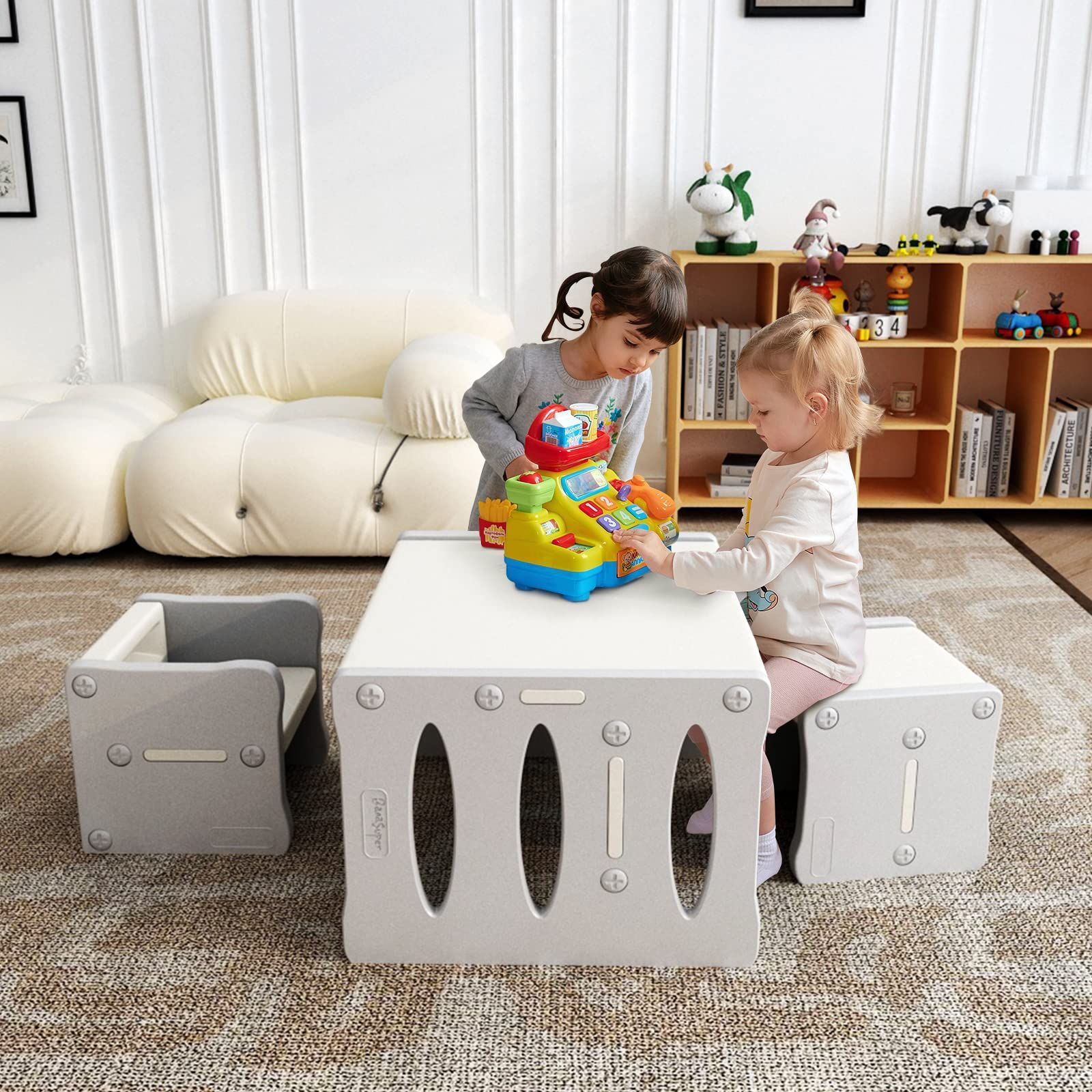 BanaSuper 子供用テーブルと椅子3点セット アクティビティ デスク チェア プラスチック 多機能 収納 家具 リビング学習/絵かき/ダイニング/プレイセット ホワイトとグレー