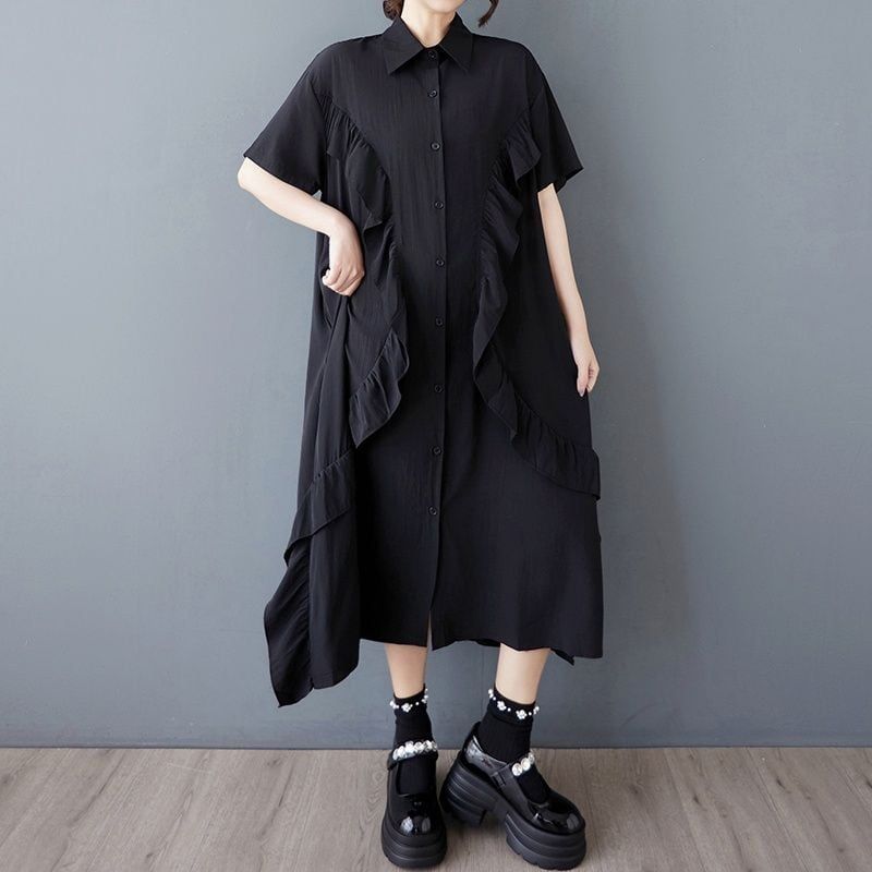 マジョマジョ　麻100% 変形カラー ストライプ ・ドット柄半袖シャツドレス マジョマジョ 麻100% 変形カラー ストライプ ・ドット柄半袖シャツ