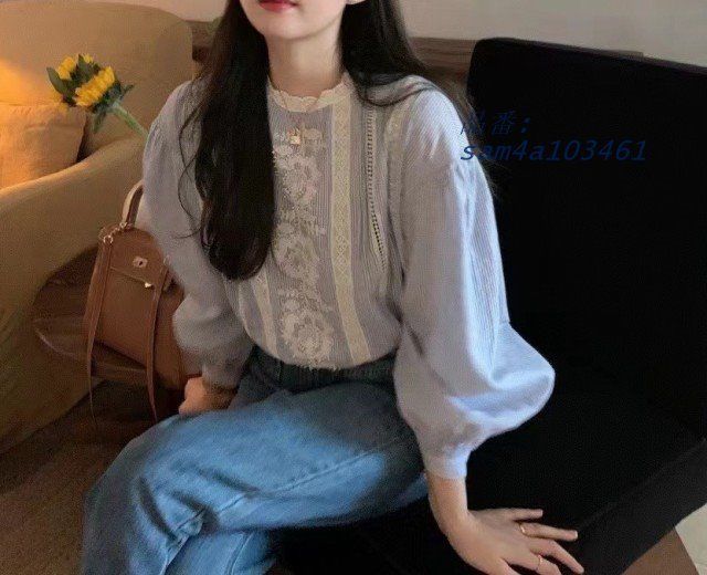  ブラウス レディース 長袖 トップス ストライプブラウス 立ち襟 バルーンスリーブ レース 韓国 秋 ファッション フリル 春 am 4 a 103461 五分袖 七分袖 シャツ ブラウス