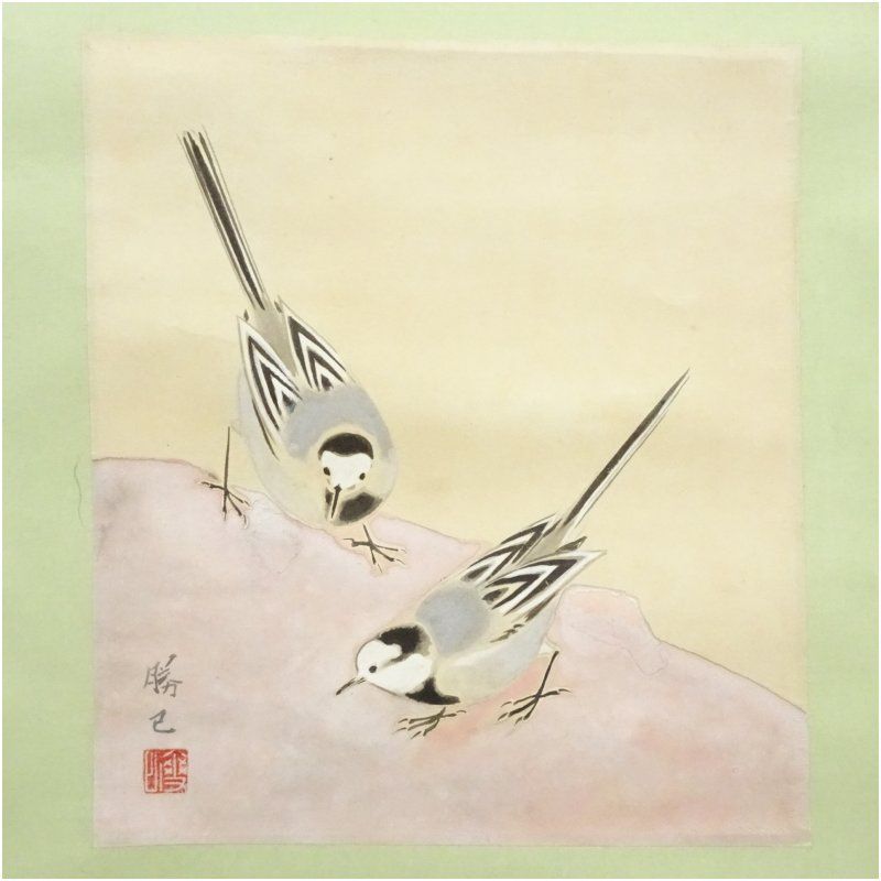 肉筆掛け軸水墨画　花鳥画　細筆画「双鳥図」美術品　絵画　和室　茶室　床の間 肉筆掛け軸水墨画 花鳥画 細筆画「双鳥図」美術品 絵画 和室