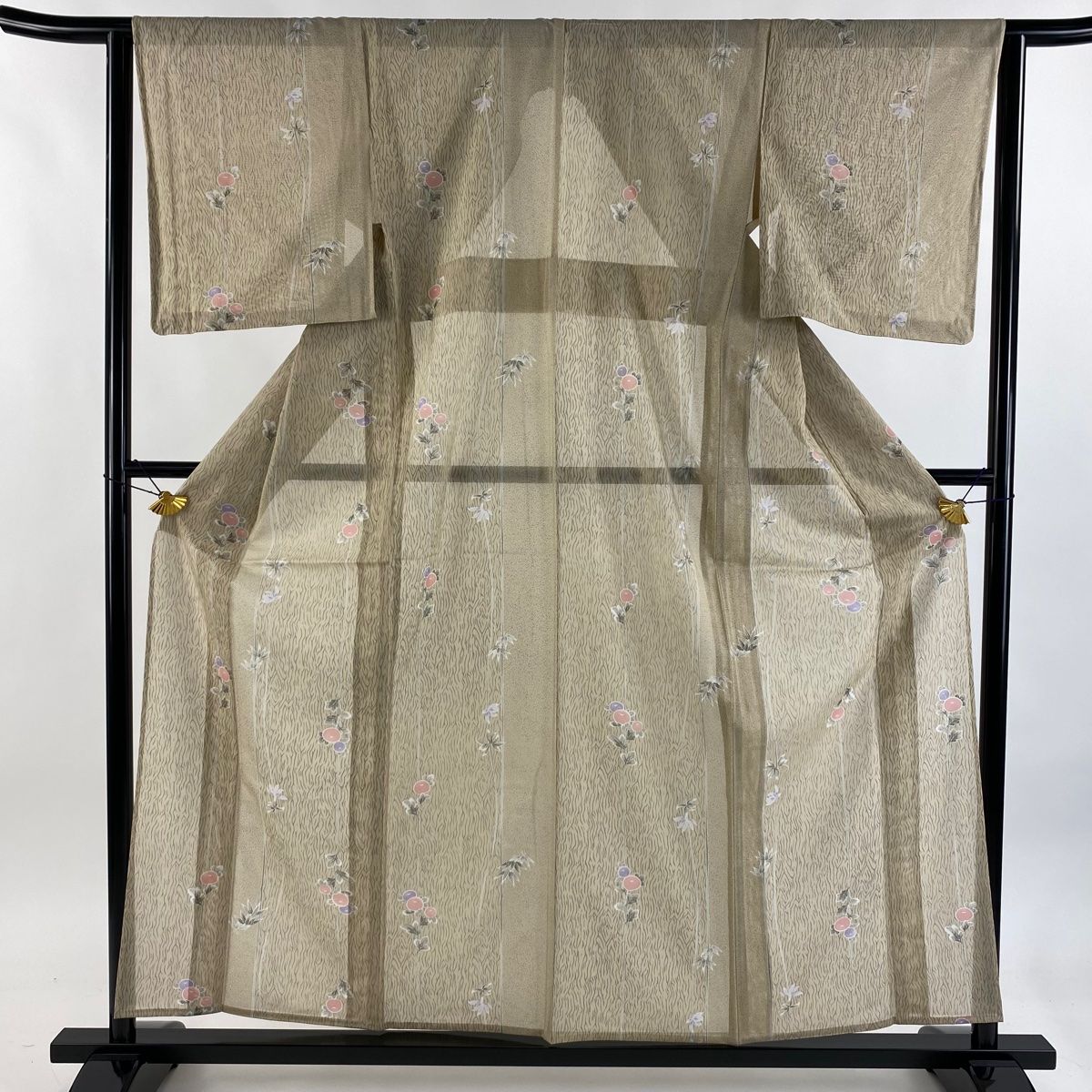 小紋 身丈159cm 裄丈63.5cm S 薄物 絽 万寿菊 竹 薄茶色 化繊 秀品