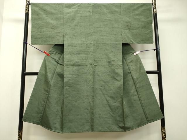 平和屋着物○男性 紬 アンサンブル 老竹色 証紙付き 正絹 逸品 未使用