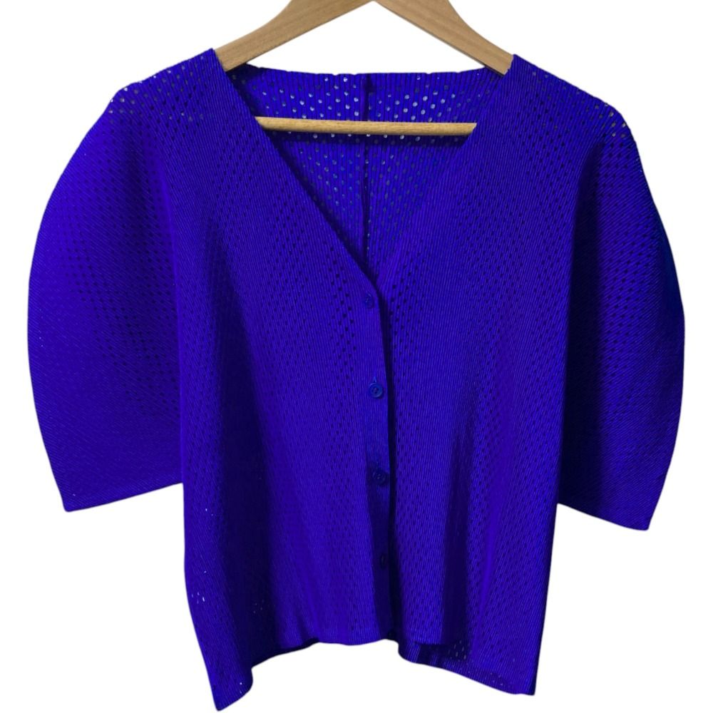PLEATS PLEASE ISSEY MIYAKE プリーツプリーズ イッセイミヤケ 半袖 メッシュカーディガン PP21-FO321 サイズ3 ブルー レディース 古着