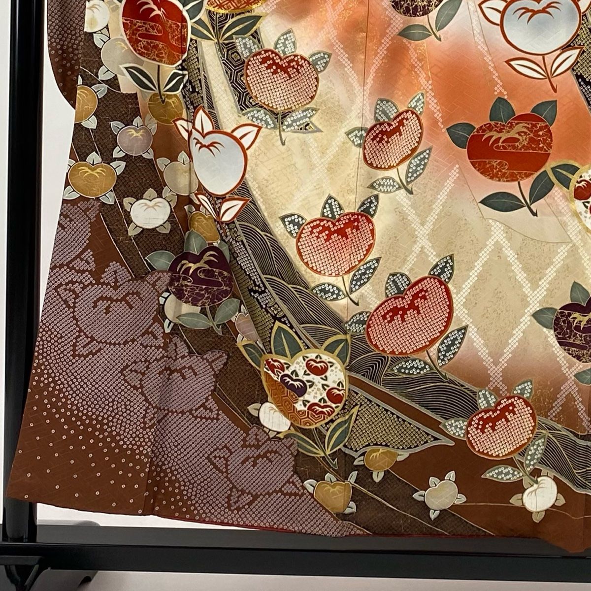振袖 身丈156cm 裄丈64cm M 袷 橘 熨斗 金糸 金彩 赤茶 正絹 秀品