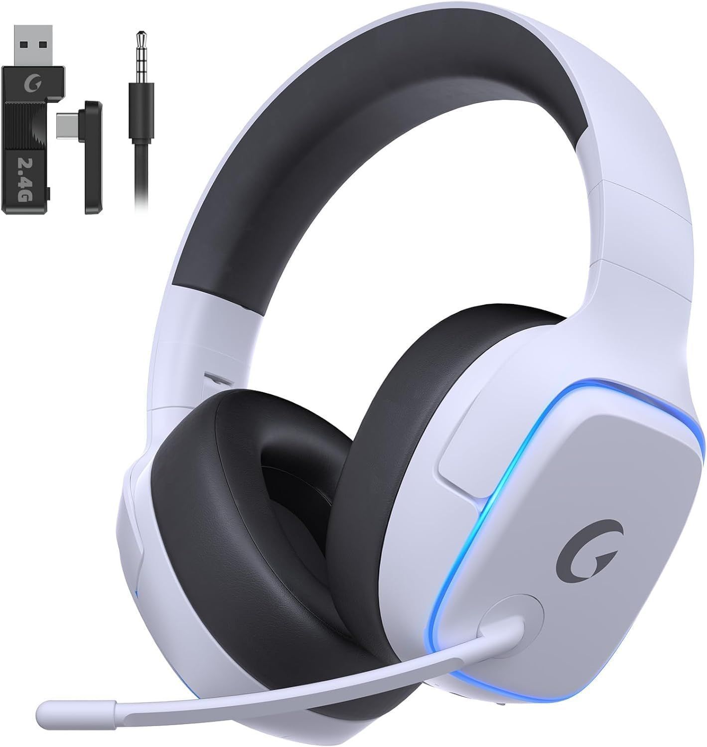 ゲーミングヘッドセット 2.4G USB Type-cアダプター Bluetooth 5.3 有線 4WAY接続 20ms超低遅延 パールホワイト