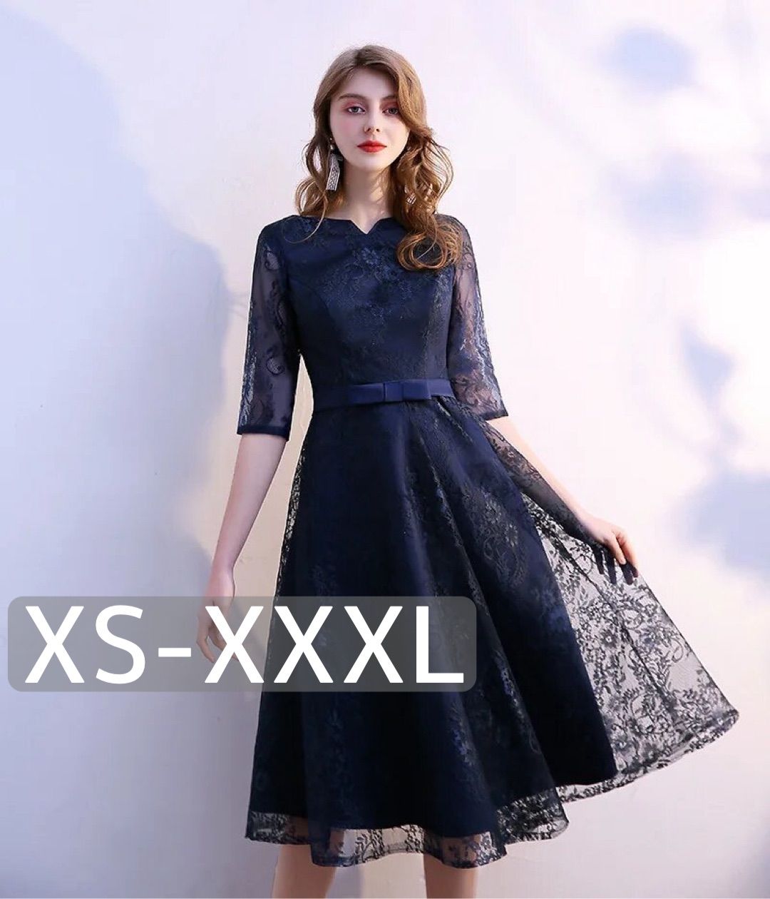 新品未使用 XS-XXXL レース 結婚式 お呼ばれ ドレス ミモレ丈