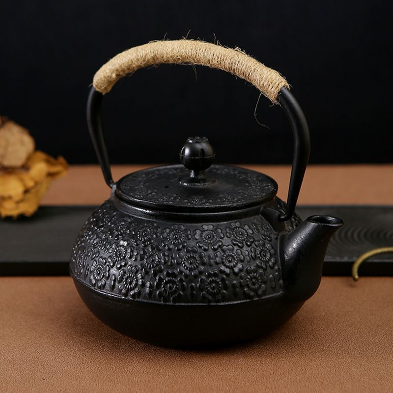 黒色 鉄瓶 花模様 昭和レトロ 鋳鉄 花模様 鉄瓶 黒 鉄器 鋳物 茶釜