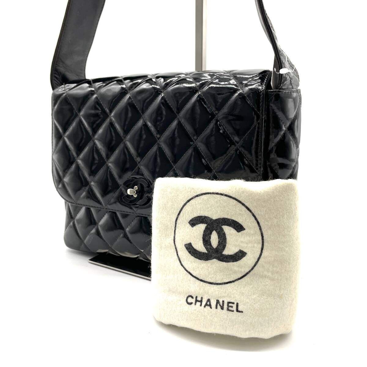 ヴィンテージ CHANEL ショルダーバッグ マトラッセ エナメル フラップ ブラック シャネル