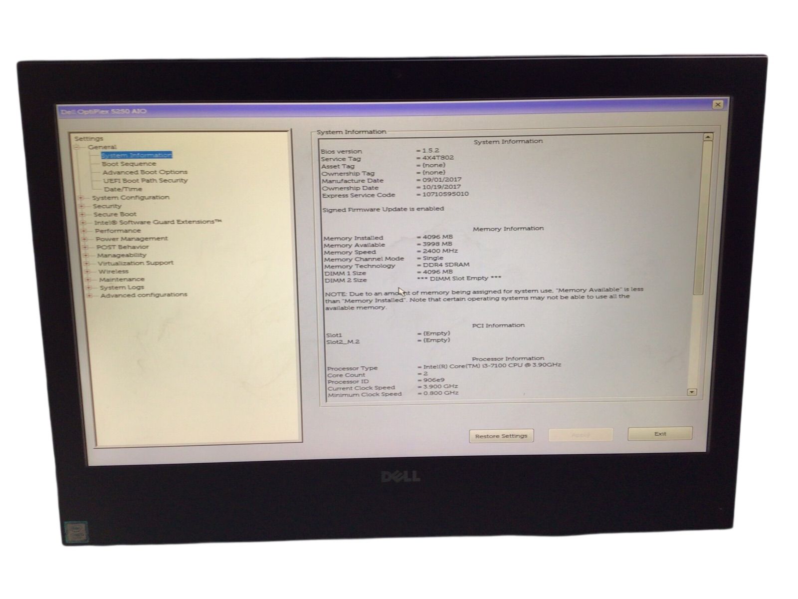 DELL OptiPlex 5250 AIO| CPU CORE i3-7100U| メモリ4096MB|ストレージ無し番号E24