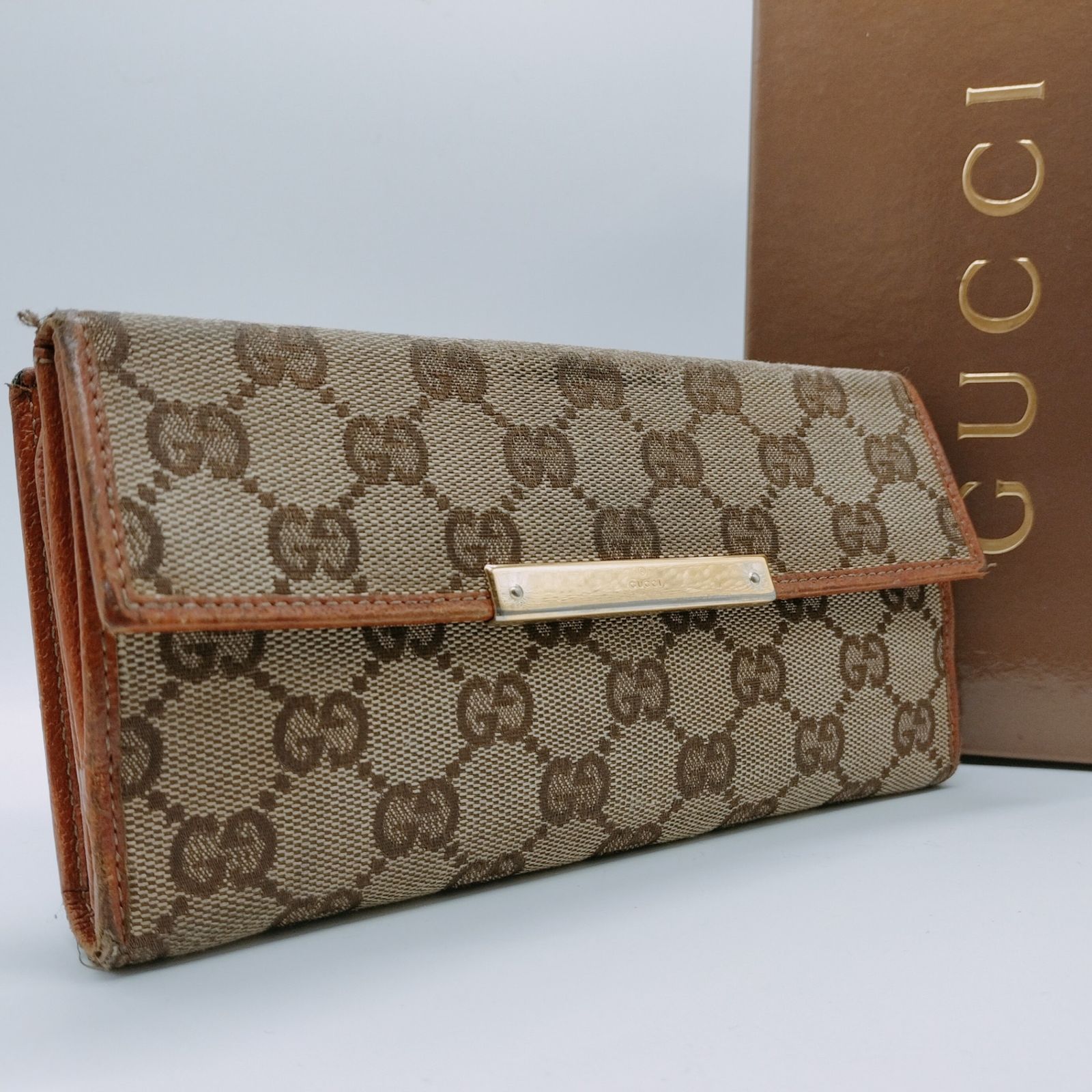 【高貴な革命✨】　GUCCI　長財布 GGキャンバス ゴールドロゴ レザー　ブラウン