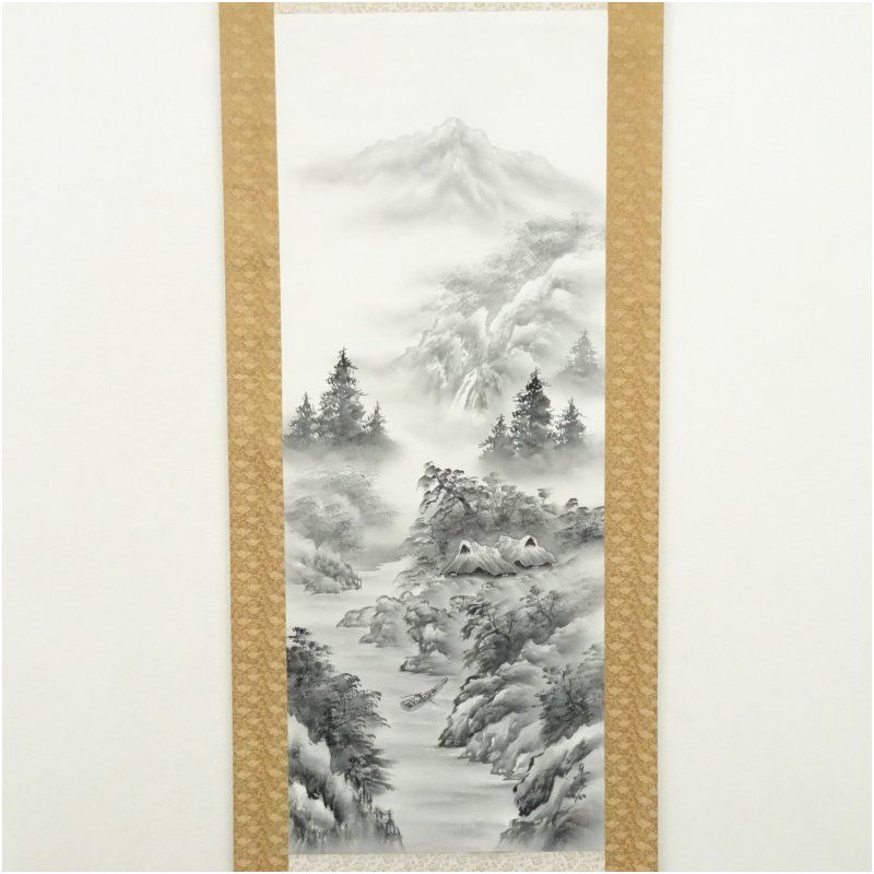 【本表装】肉筆掛け軸水墨画　山水画「黄山」美術品　絵画　和室　茶室　床の間 肉筆掛け軸水墨画山水画「黄山」美術品絵画和室茶室床の間本表装