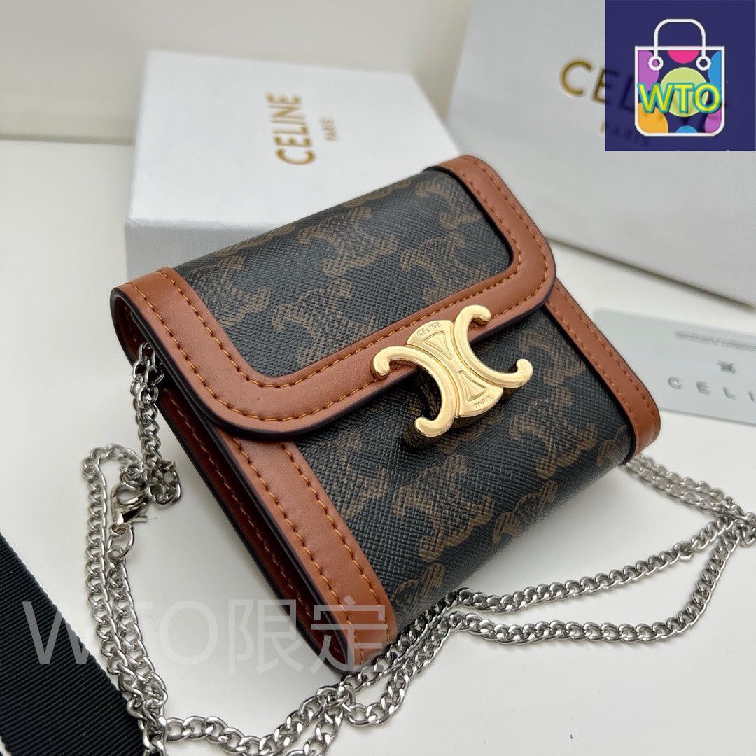Celine トリオンフ チェーンウォレット 10999 本革＆チェーン付き ブラックプリントデザイン -WT0輸入