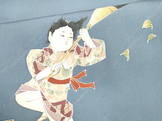 平和屋着物●小柳津公龍　塩瀬　九寸開き名古屋帯　手描き　童子　柿　金糸　正絹　逸品　DAAW4273cm 平和屋着物○小柳津公龍 塩瀬 九寸開き名古屋帯 手描き 童子番傘文