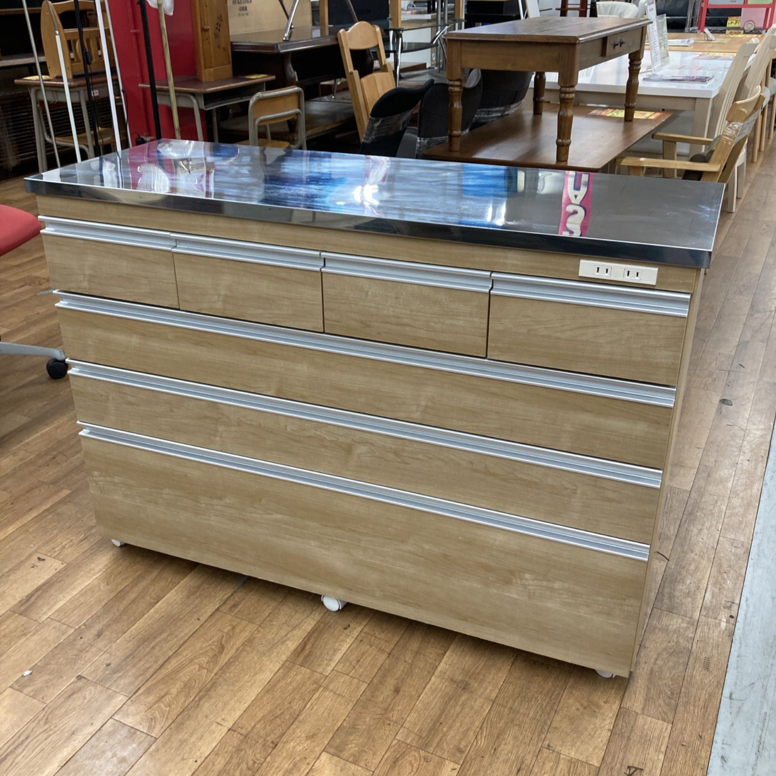 名古屋市近郊送料設置無料 S717 昇光家具 キャスター付きキッチンカウンター 天板ステンレス 幅120.5cm