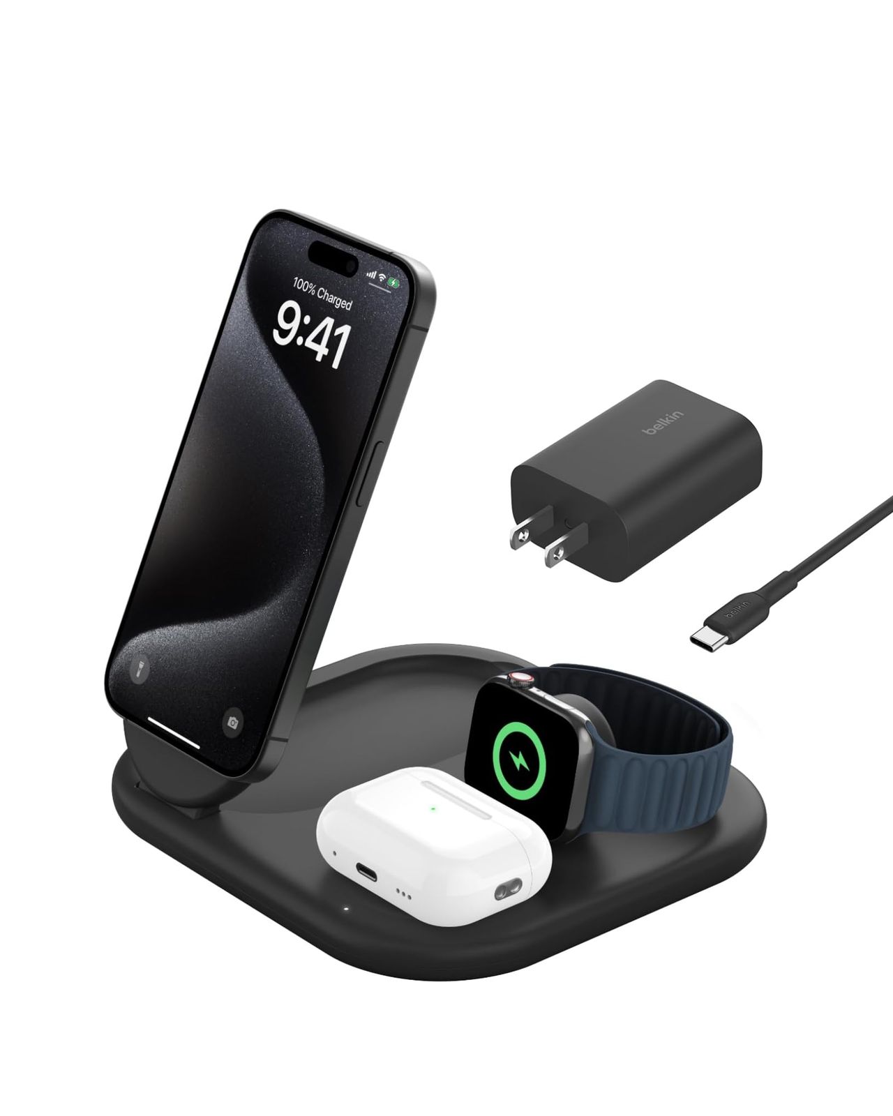 Belkin Qi2 3-in-1 折りたたみ式充電パッド Qi2公式認証|MagSafe対応 iPhone 16|15|14|13|12|Qi2対応スマートフォン 最大15W高速充電 AirPods|ワイヤレ ブラック 3-in-1 折り畳みパッド