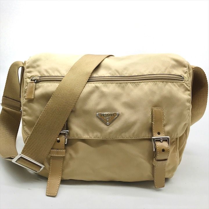 良品 PRADA プラダ 三角ロゴ ナイロン ショルダー ベージュ a3536