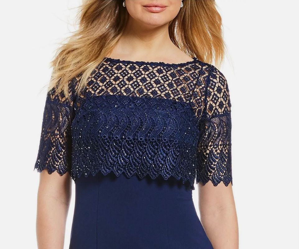 新品】アドリアナパペル US4 美しいネイビーのロングレースドレス  