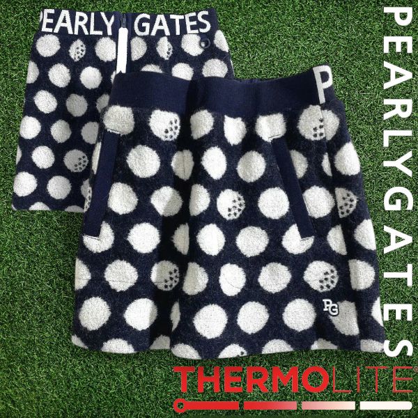 PEARLY GATES パーリーゲイツ ゴルフ 軽量保湿素材 THERMOLITE リングチェック BIGドット柄 総柄 中綿入り ミニ スカート ゴルフウェア レディース 055-2234118 定価3万 ネイビーブラック ▲034 51023w05