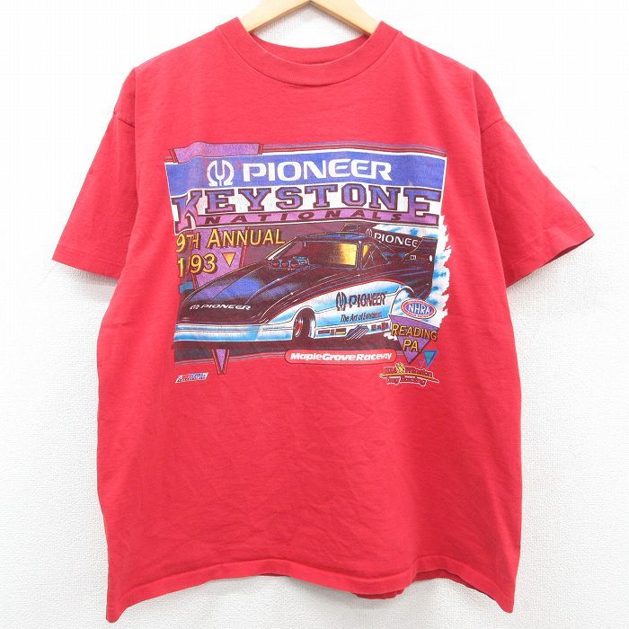 XL/古着 半袖 ビンテージ Tシャツ メンズ 90s レーシングカー PIONEER KEYSTONE 大きいサイズ コットン クルーネック 赤 レッド 23apr1