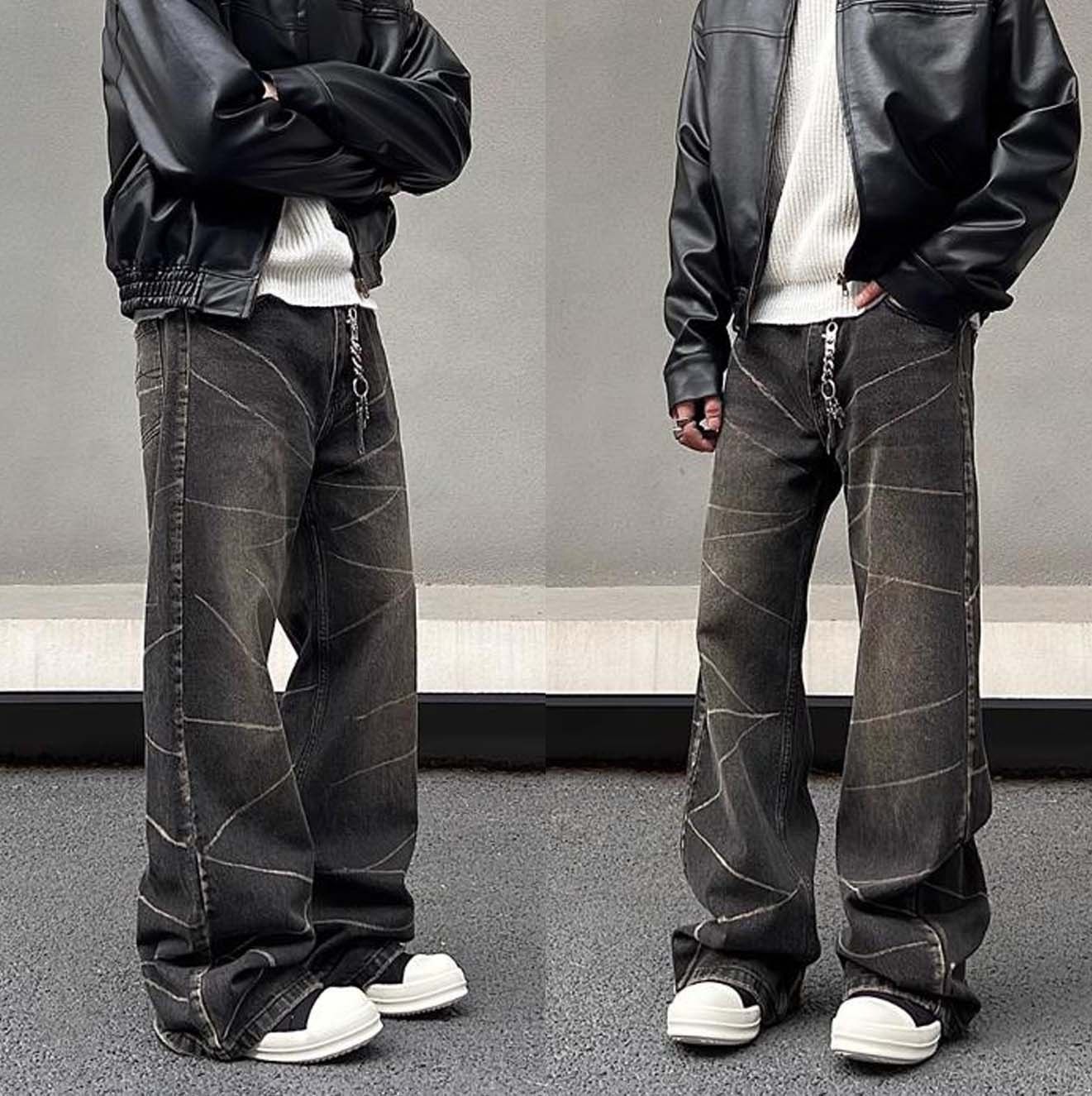 Gパン ストリートデニムワイドパンツ ダメージ加工 おしゃれライン   J-1