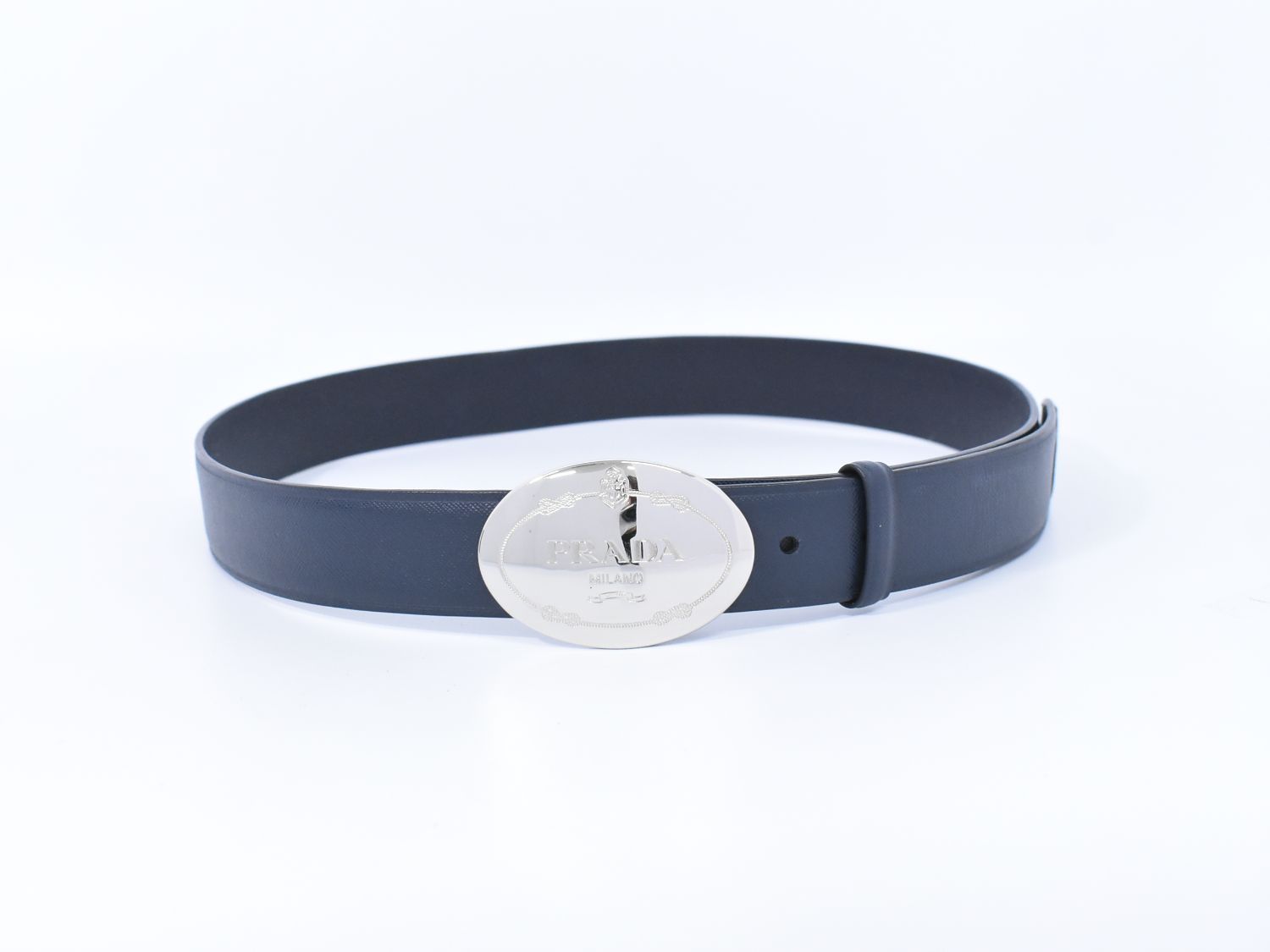 本物 プラダ PRADA レザー ベルト 38/95 ブルー系 シルバー金具 メンズ