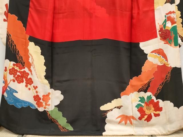 平和屋本店□極上 アンティーク 大正ロマン 振袖 駒刺繍 御所車飛鶴花