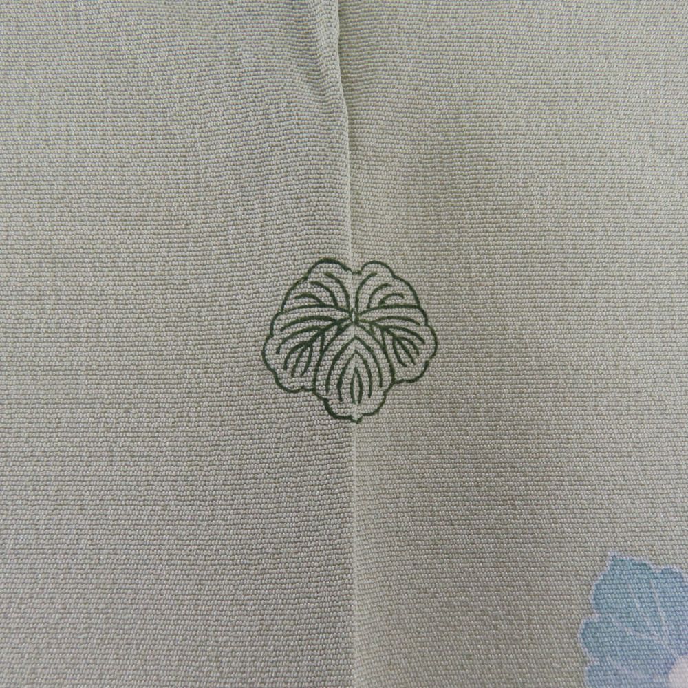 訪問着 友禅 オリーブグリーンx薄青色x多色 菊に梅と松文様 一つ紋