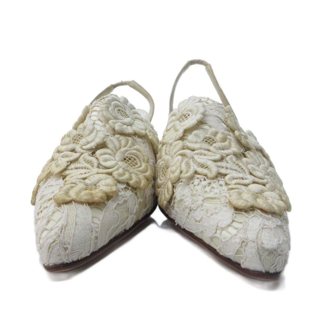 マノロブラニク MANOLO BLAHNIK ミュール サンダル フラワー刺繍 ヒール 白系 ホワイト系 37 約24cm IBO79 KIN-KAAI_COM