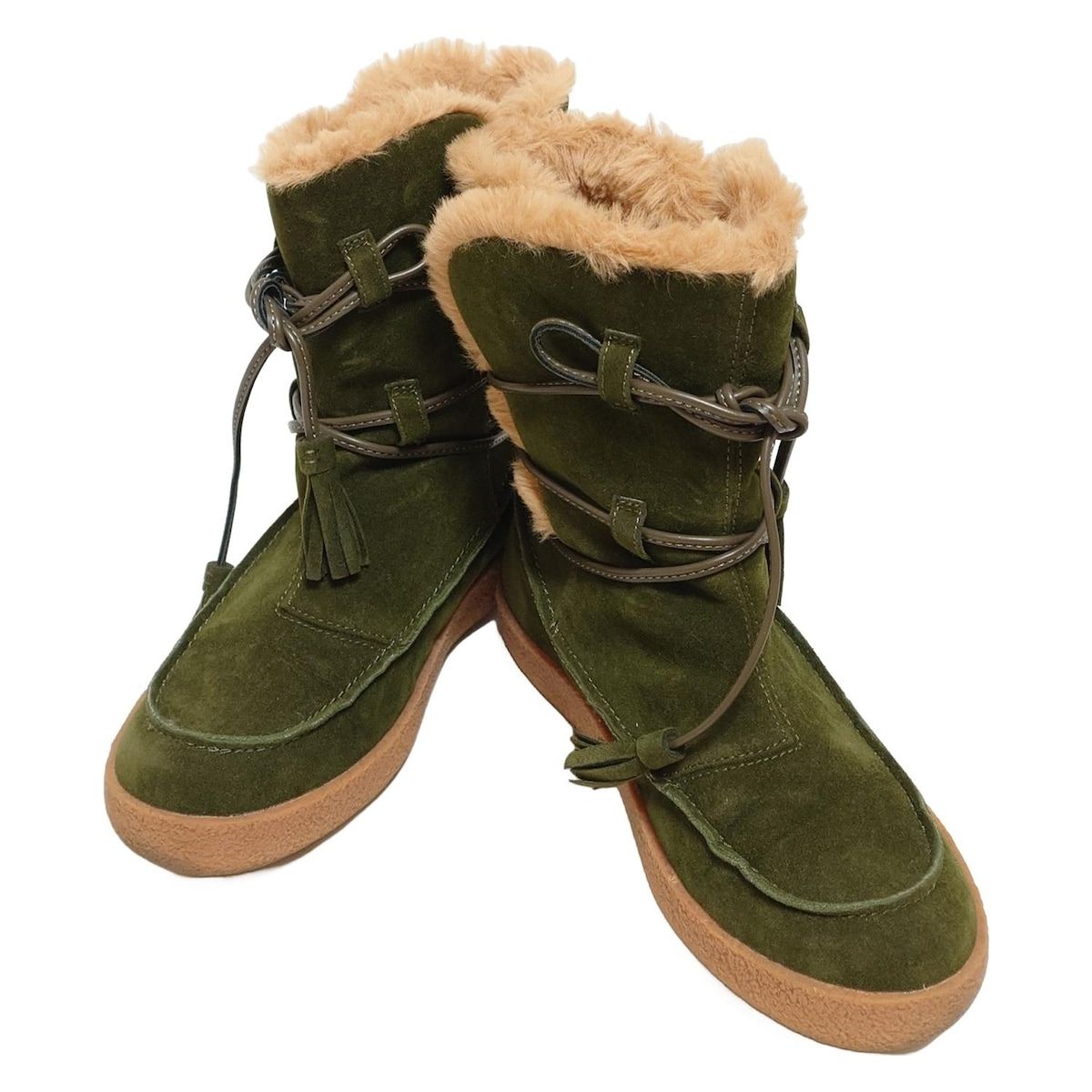 JOCOMOMOLA ホコモモラ ショートブーツ レディース - カーキ×ライトブラウン タッセル ムートン