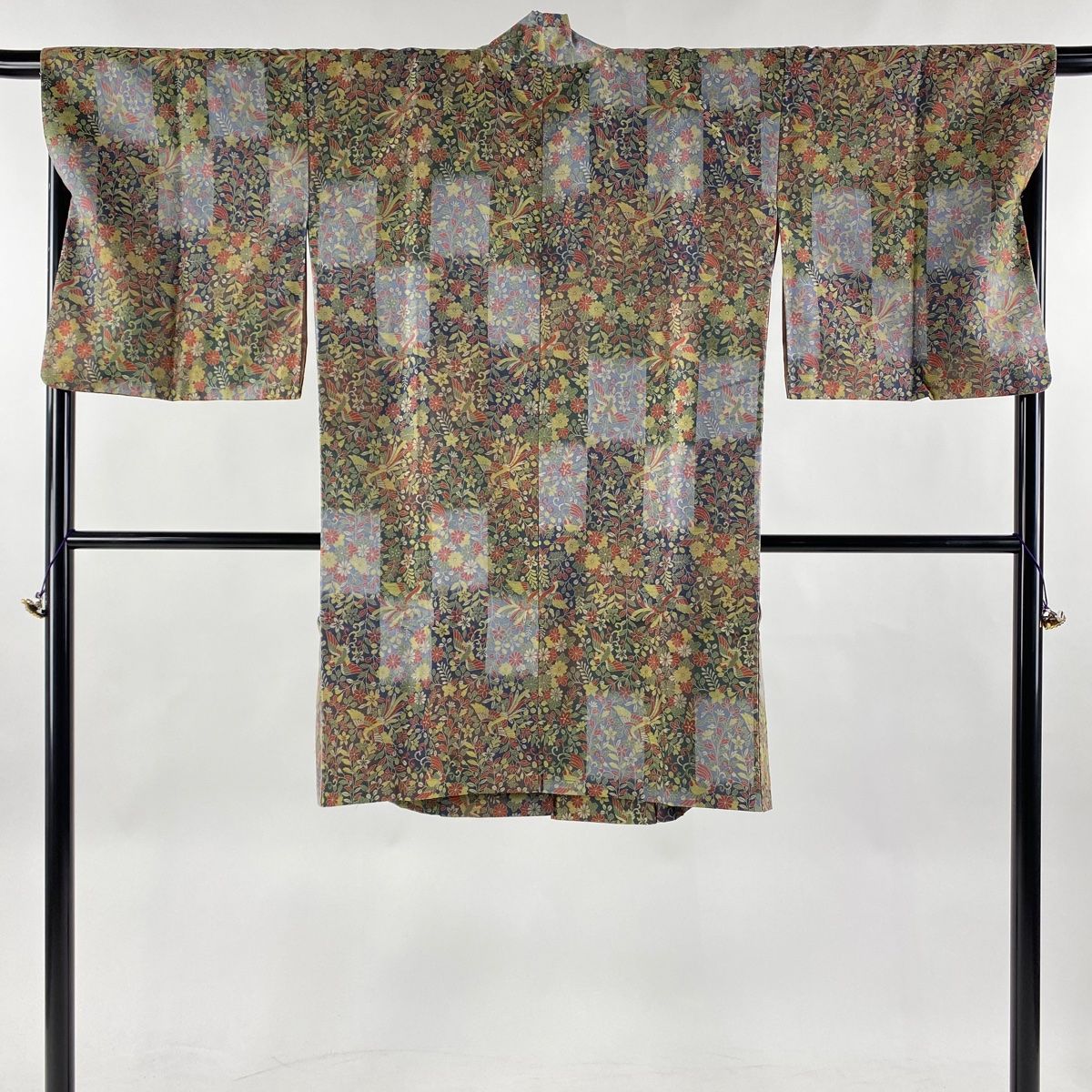 道中着 身丈104cm 裄丈64.5cm M 和装コート 草花 尾長鳥 灰緑 正絹 美  