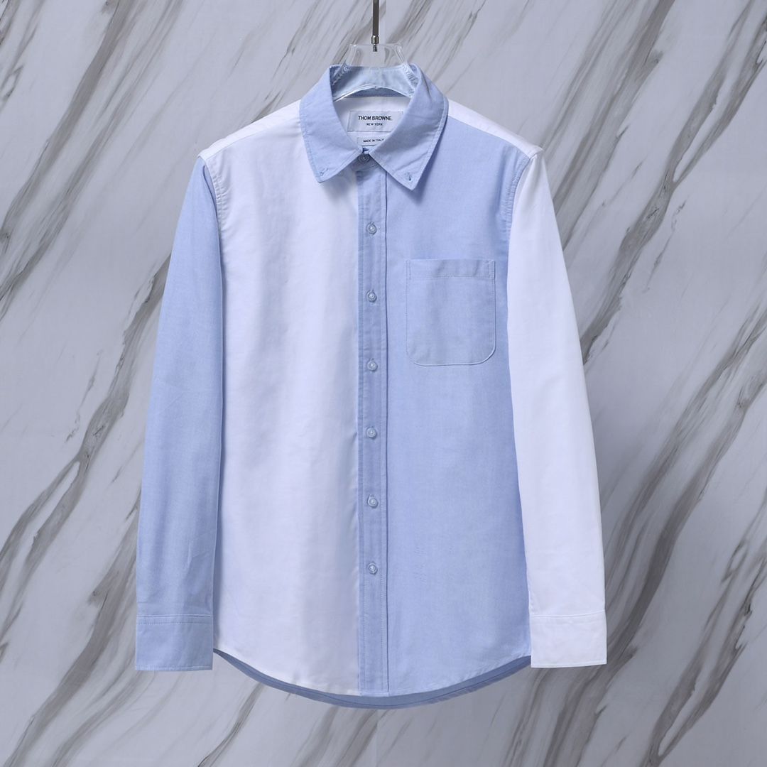 THOM BROWNE 白と青のカラーブロック長袖シャツ - メルカリ