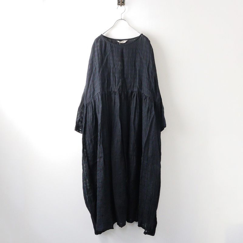 未使用 保管品 定価22000円 イチ アンティークス ICHI Antiquites リネンボイルギャザーワンピース F/ブラック 黒 麻【2400014122367】