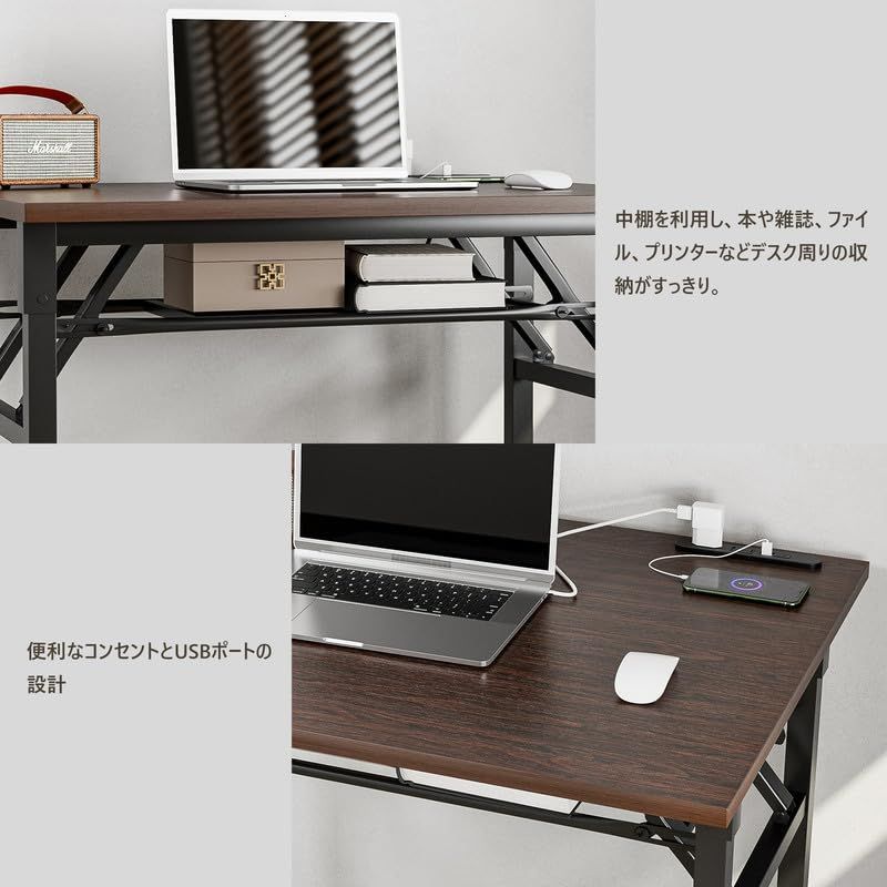 省スペース 組立簡単 テレワーク 在宅勤務 ワーク USB&コンセント付き 簡易デスク 折り畳みテーブル ミシン台 ゲーミングデスク パソコンデスク クルミ 80 60 72CM 組み立て不要 大理石柄 折りたたみデスク FryLR