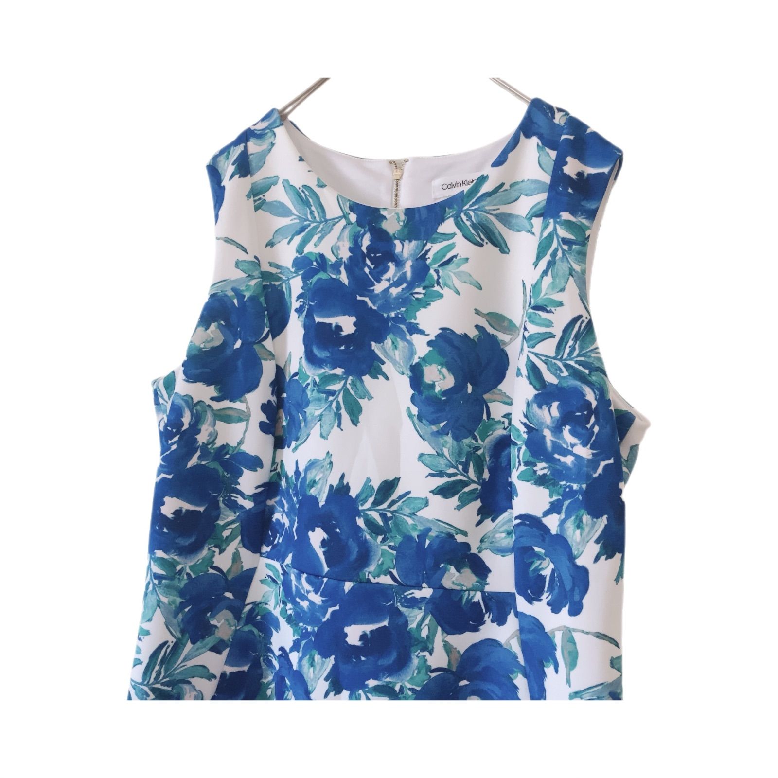 【希少】極美品✨カルバンクライン ドレスワンピース 花柄 大きいサイズ 白 青 z1401【極美品】Calvin Klein カルバンクライン ノースリーブ