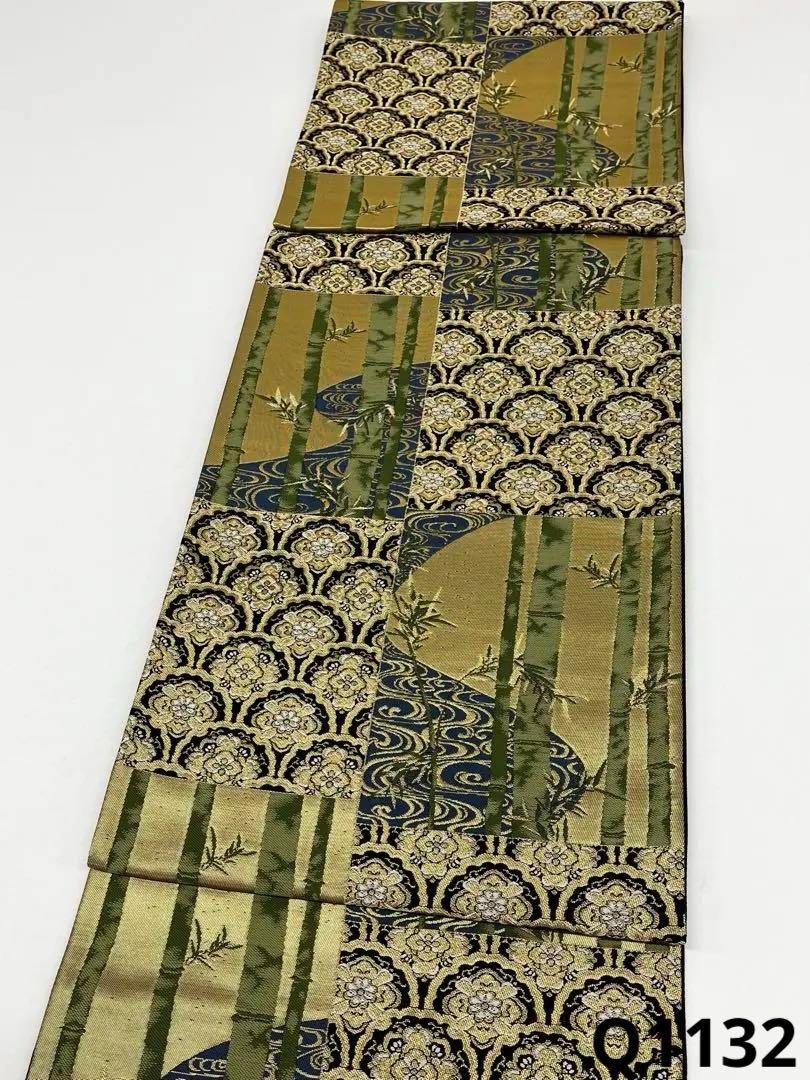 琳派調 袋帯 竹笹 花紋 金糸 正絹 六通