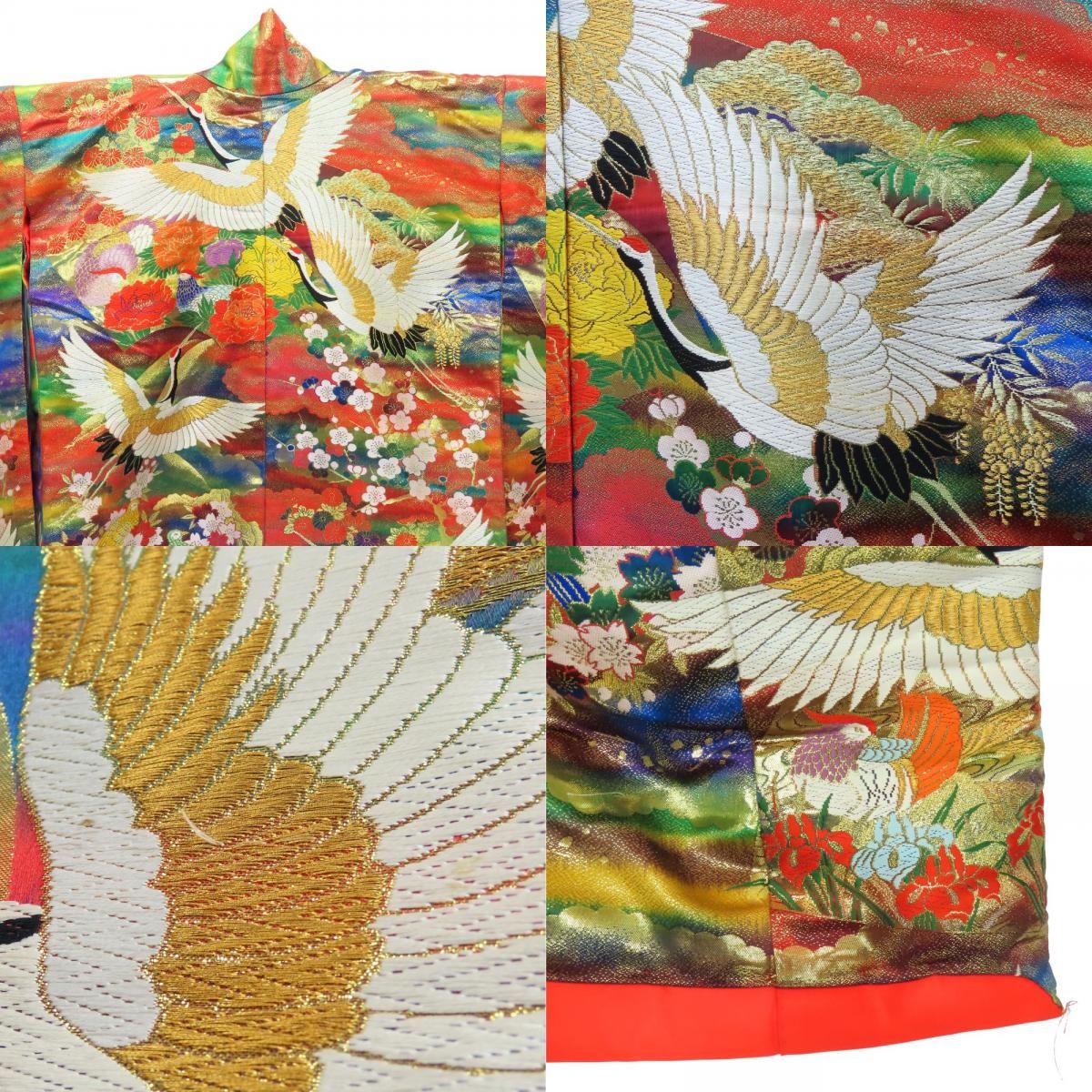 未使用 小千谷縮 しつけ糸付き オレンジ 系 花柄 麻 夏物 単衣着物 S