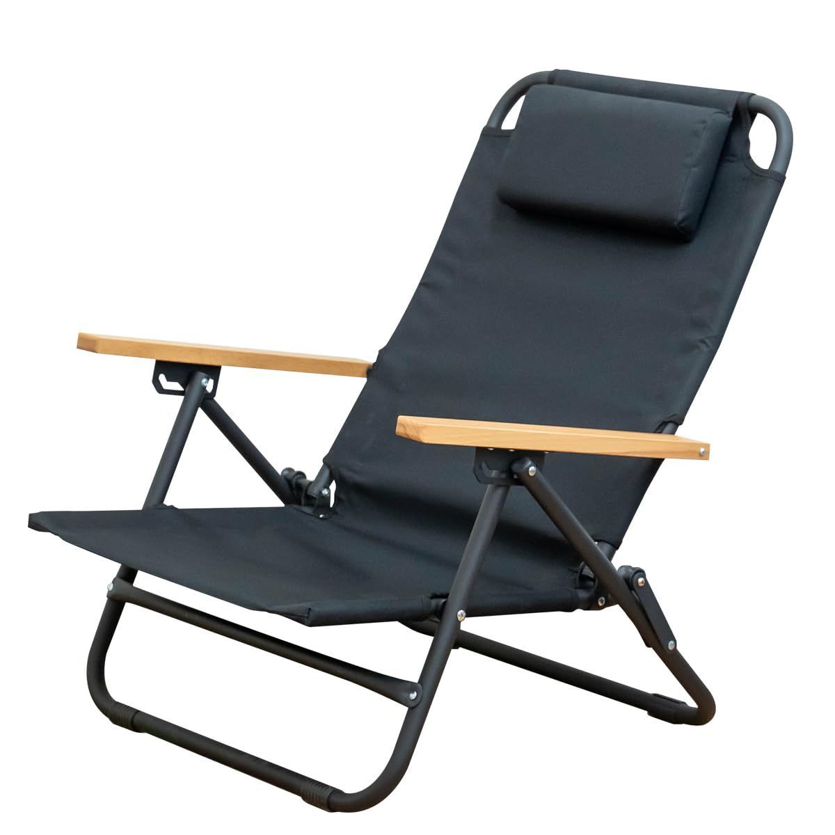 FIELDOOR リクライニングローチェア キャンプ アウトドア 黒 3段階リクライニング