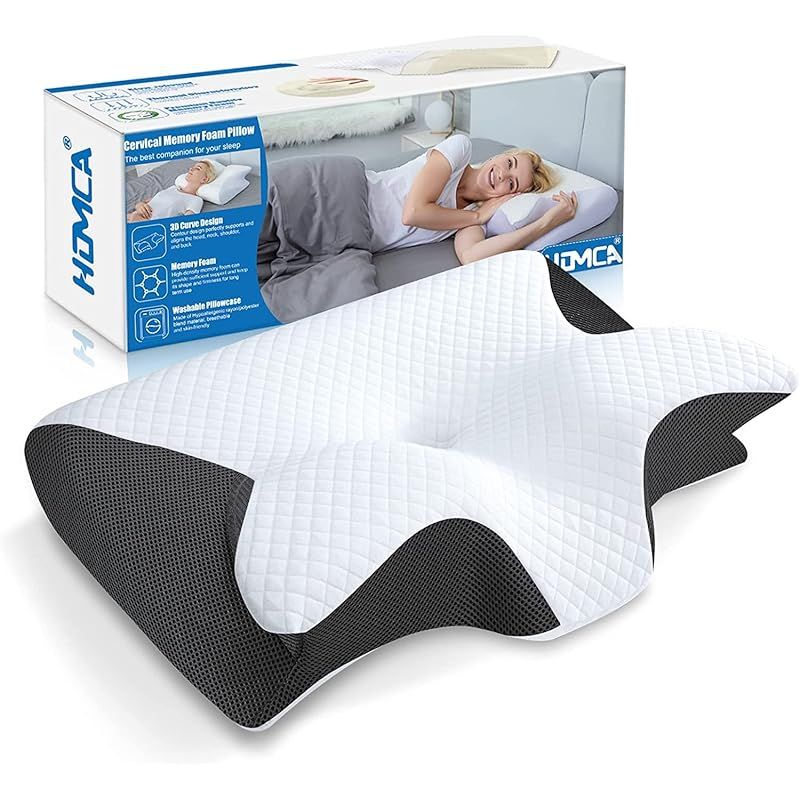 HOMCAメモリーフォーム頚椎枕、首の痛みのための2 in 1エルゴノミックコンツア整形枕、側面背面腹部寝台用のコンツア支持枕（ブラック）