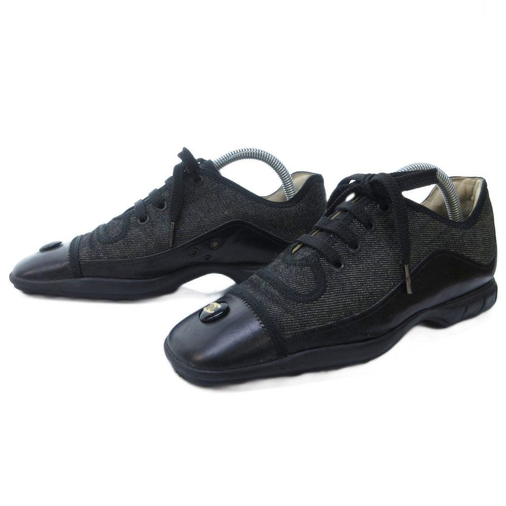 シャネル CHANEL ココマークコンビ スクエアトゥ スニーカー ローカット 黒 ブラック 約23cm IBO81