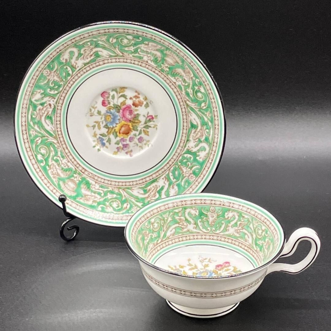 ウェッジウッド フロレンティーン グリーン カップ ソーサー 花柄 Wedgwood ピオニー 英国 廃盤 POP_25 B