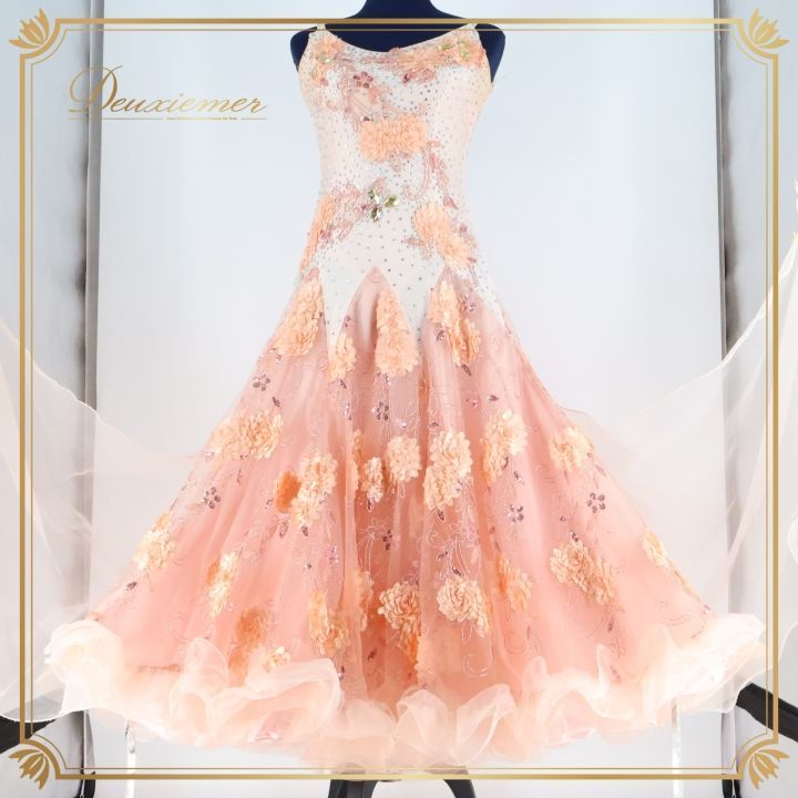 社交ダンス 衣装 スタンダードドレス スタンダード ドレス ワンピース デモ 競技 フロート レース 花 サーモンピンク フリル レース 明るい ピンク系 女性用 花モチーフ かわいい 競技用 ワンピースドレス ドレスアップ パーティ