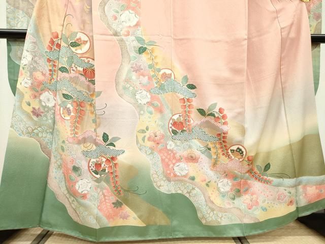 豪華振袖　作家物　絞り　舞花文　暈し染　金彩　着丈167.5cm　正絹 豪華振袖 作家物 絞り 舞花文 暈し染 金彩 着丈167.5cm 正絹