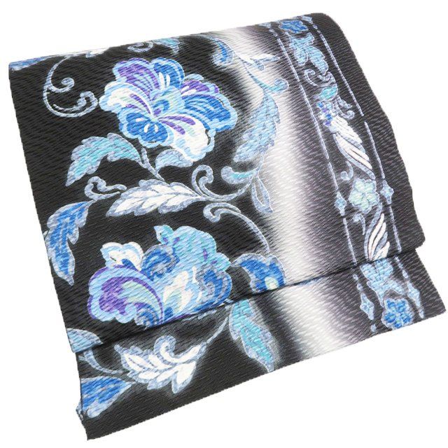 特選 名古屋帯 なごや帯 正絹 カジュアル 仕立て上がり 全通 花唐草模様 黒色 青系色 多色 きもの北條 A1280-14
