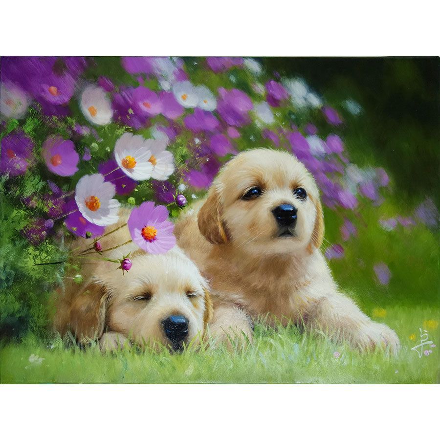 犬の絵「ゴールデンレトリバー 」油彩画 フレーム付き（面版なし