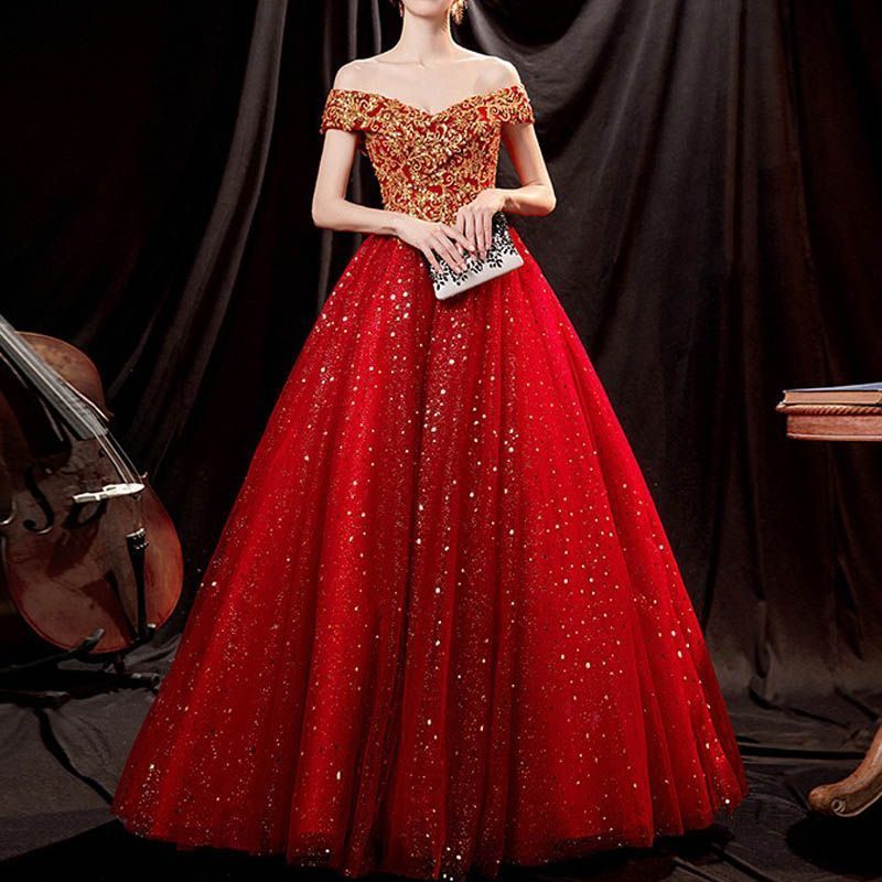 ドレス ワインレッド ゴールド刺繍 前撮り 赤 ロングドレス 結婚式 二次会 発表会 演奏会 ウェディングドレス ウエディングドレス オフショルダー Aライン シフォン きらきら 0972