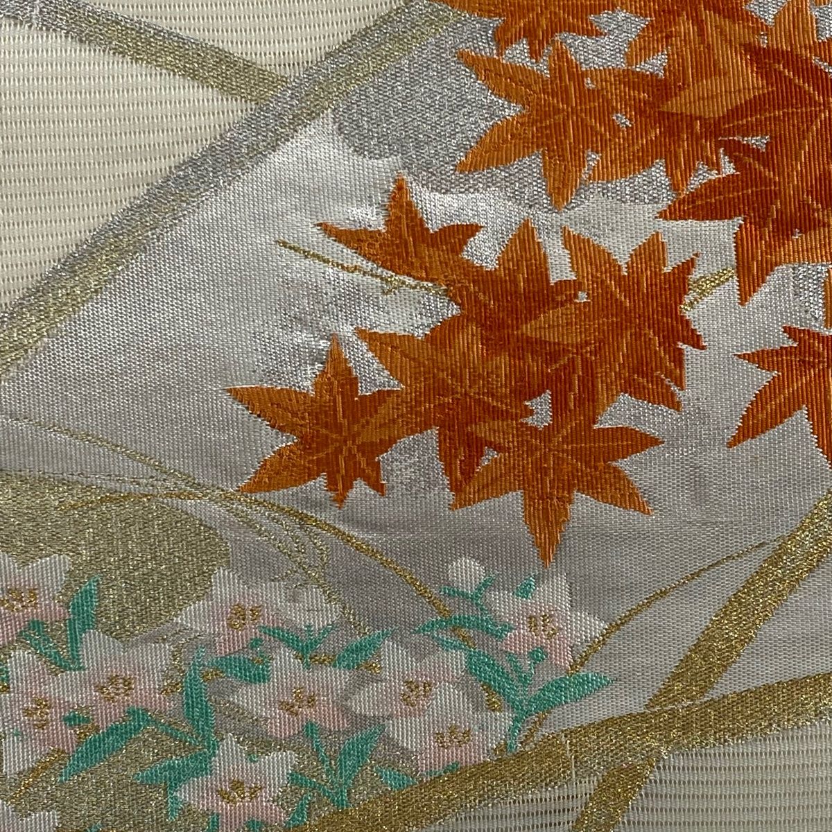 名古屋帯 美品 優品 夏帯 絽 紅葉 桔梗 箔 金銀糸 クリーム 正絹