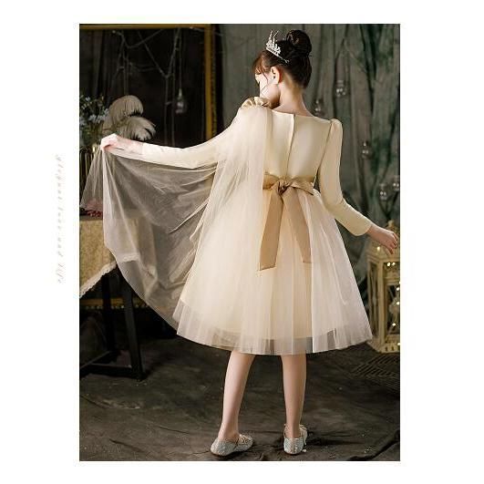 試用のみ 子供ドレス ピアノ発表会 結婚式 ワンピース 袖あり フォーマル 女の子 七五三 パーティードレス ジュニアドレス ベージュ 100-160 安全性